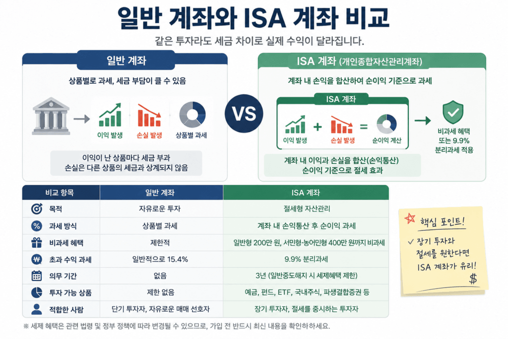 일반 계좌와 ISA 계좌의 차이와 절세 혜택을 비교한 표와 인포그래픽